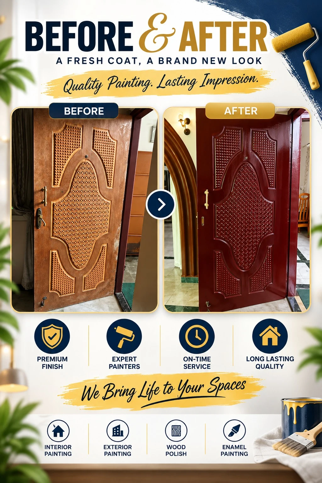 Before and after wood door painting transformation